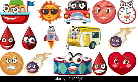 Set of different toy objects with smiley faces illustration Stock Vector