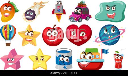 Set of different toy objects with smiley faces illustration Stock Vector