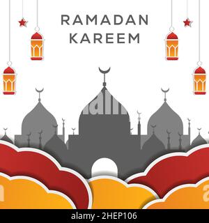 ramadan kareem design in paper cut art style with clouds, stars, and lanterns. vector design Stock Vector