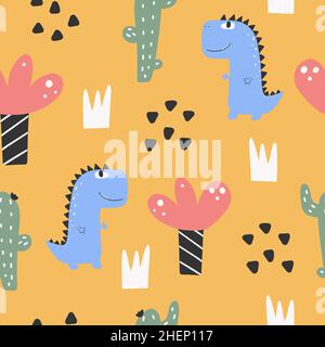 Cute dinosaur pattern - hand drawn childish dinosaur seamless pattern design Stock Vector