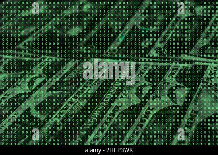binary code grid from bright green numbers on the background of dollar banknotes, e-commerce concept Stock Photo
