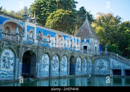 Azulejos at the House and Garden of the Palacio Fronteira in Benfica in the City of Lisbon in Portugal. Portugal, Lisbon, October, 2021 Stock Photo