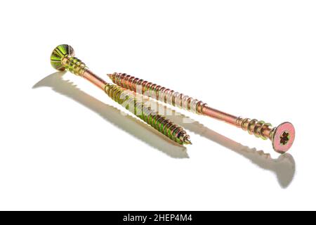 long tropicalized screws for wood on a white background. Stock Photo