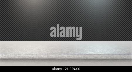White gold steel countertop, empty shelf. Vector realistic mockup of table top, kitchen counter on transparent background with spot light. Bar desk su Stock Vector