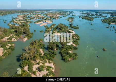 Aerial views of the Mekong River with many sand bars and islands, Cambodia Stock Photo