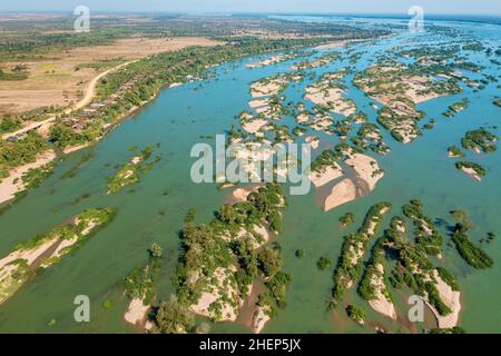 Aerial views of the Mekong River with many sand bars and islands, Cambodia Stock Photo