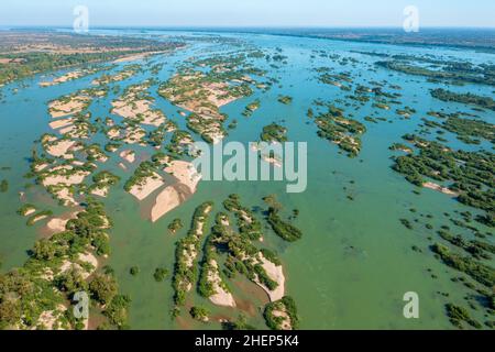 Aerial views of the Mekong River with many sand bars and islands, Cambodia Stock Photo