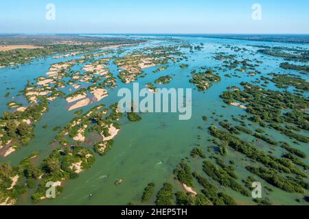 Aerial views of the Mekong River with many sand bars and islands, Cambodia Stock Photo