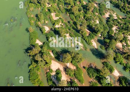 Aerial views of the Mekong River with many sand bars and islands, Cambodia Stock Photo