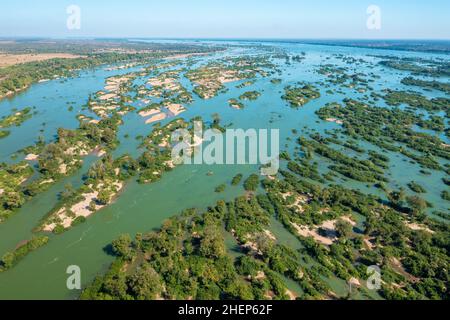 Aerial views of the Mekong River with many sand bars and islands, Cambodia Stock Photo