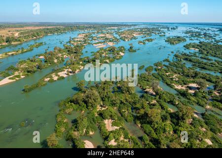 Aerial views of the Mekong River with many sand bars and islands, Cambodia Stock Photo