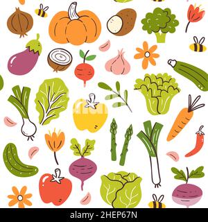 Colorful spring seasonal vegetables seamless pattern. Isolated vegetables on white background. Vector illustration. Stock Vector