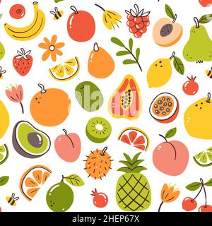 Colorful spring seasonal fruits seamless pattern. Isolated fruits on white background. Vector illustration. Stock Vector