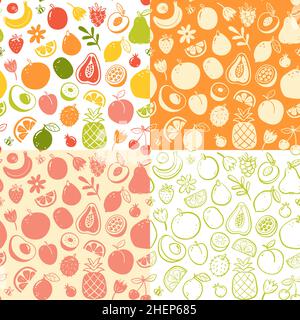 Spring seasonal fruits seamless pattern collection. Colorful, flat silhouette and doodle style. Vector illustration. Stock Vector
