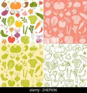 Spring seasonal vegetables seamless pattern collection. Colorful, flat silhouette and doodle style. Vector illustration. Stock Vector