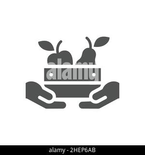 Hands holding farm food crate vector icon. Pear and apple groceries in basket, healthy vegan eating filled symbol. Stock Vector