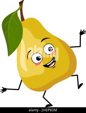 Pear character with happy crazy emotion dancing, joyful face, smile eyes, arms and legs. Person with expression, fruit emoticon. Vector flat illustration Stock Vector