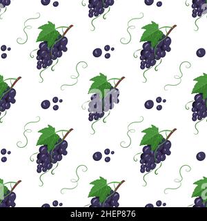 Seamless pattern with dark grapes on branches with berries and leaves. Sweet healthy food print, wholesome delicious dessert background. Vector flat illustration Stock Vector