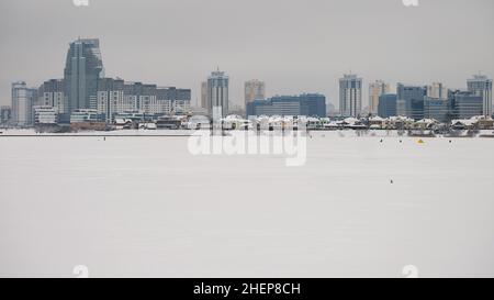 Modern urban architecture in Belarus. Winter. Eastern Europe. Minsk (Belarus). Pobediteley avenue. 2021 Stock Photo