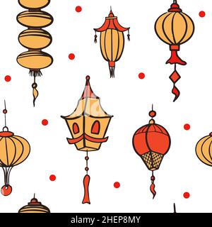 Doodle vector seamless pattern of chinese paper lanterns. Flat colorful icons oriental decoration of china culture. Illustration of asian celebration Stock Vector