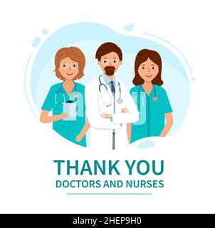 Thank you doctors and nurses. Card with Group of doctors. Stock Vector