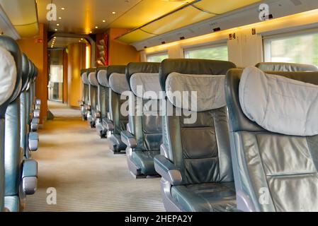 first class train interior in Germany. Travel in comfortable train. View from inside Stock Photo
