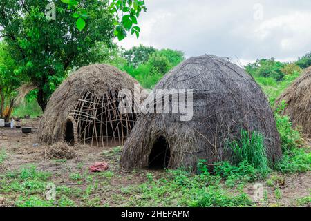 Traditional Houses in Mursi tribe village, Omo valley, Ethiopia Stock Photo