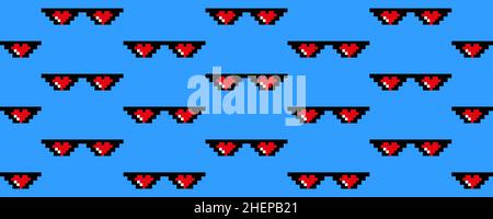Pixel glasses with hearts seamless pattern meme Stock Vector
