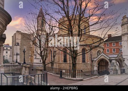 Temple Church at sunset - this round church in Temple, London was built by the Knights Templar and featured in the Da Vinci Code movie Stock Photo