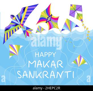 Happy Makar Sankranti vector. Hindi greeting card for web, social net. Makar Sankranti concept with colorful kites in sky Stock Vector
