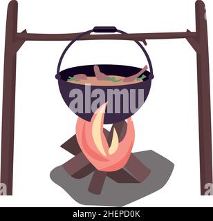 Campfire with boiling cauldron semi flat color vector object Stock Vector