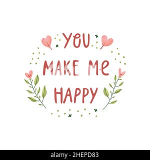 Vector hand drawn lettering for Valentines day. You make me happy Stock Vector