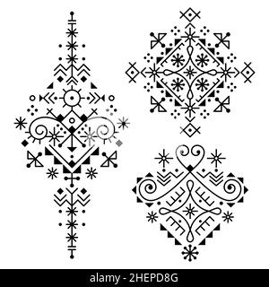 Line art modern tribal vector design set, cool minimal geometric patterns inspired by old Nordic Viking rune art Stock Vector