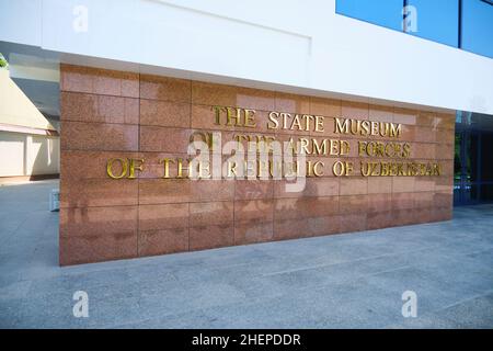 Exterior sign. At The State Museum of the Armed Forces of the Republic of Uzbekistan in Tashkent. Also known as the Defense Museum. Stock Photo