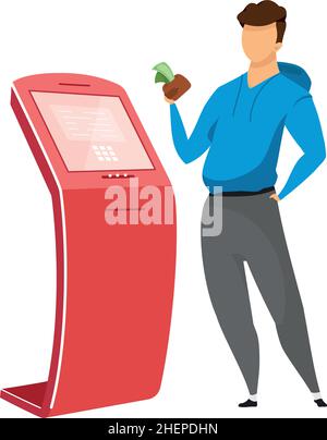 Man at self service kiosk semi flat color vector character Stock Vector