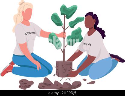 Volunteer girls caring for plant semi flat color vector characters Stock Vector