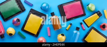 Various body care products and other cosmetics on blue background Stock Photo