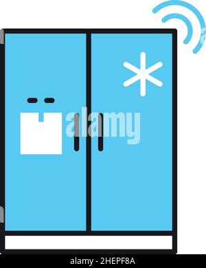 Smart fridge icon. Blue refridgerator with wireless internet connection Stock Vector