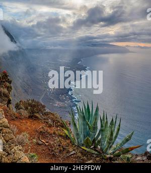 Panoramic view into Valley 'El Golfo' from Mirador La Pena at El Hierro, Canary Islands in dusk Stock Photo