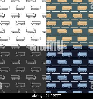 set of seamless patterns with Heavy construction equipment truck on road. Industrial machinery and equipment. Ornament for decoration and printing on Stock Vector