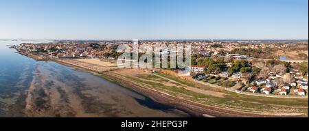 Aerial view of the village of Meze, on a winter morning, in Herault in Occitanie, France Stock Photo