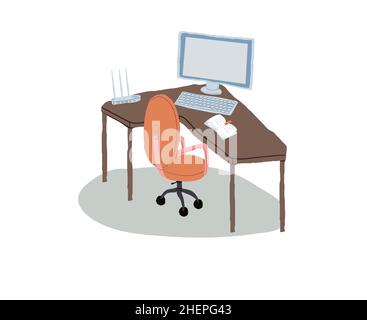 Flat cartoon computer monitor on work desk,electronic equipment,furniture and office interior elements vector illustration concept Stock Vector