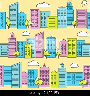 City street seamless pattern in flat style. Thin line urban background with modern buildings and skyscrapers. Stock Vector