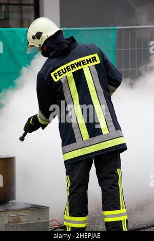 fireman in action, rear view, Austria Stock Photo