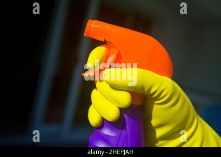 cleaning, hand in yellow rubber glove with a colorful cleaning agent spray bottle , Austria Stock Photo