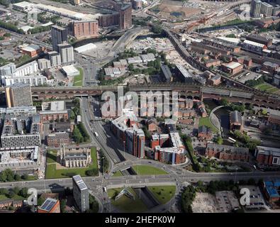 aerial view of Salford Manchester looking NNW up Egerton Street from the roundabout junction of  A56 and A57(M), & across Bridgewater Canal & railway Stock Photo