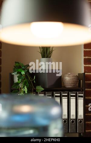Close up of office space decoration and furniture with plants, accessories and books on bookshelf. Wooden decor with vase and shelves, minimal design with ornaments in workplace. Stock Photo