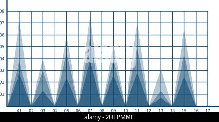 Triangle bar chart. Blue grid with data visualization columns Stock Vector