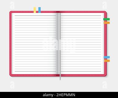 Open notebook on light gray background, vector illustration Stock Vector