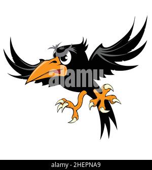 Angry cartoon crow character flying flapping wings vector illustration isolated on white background Stock Vector